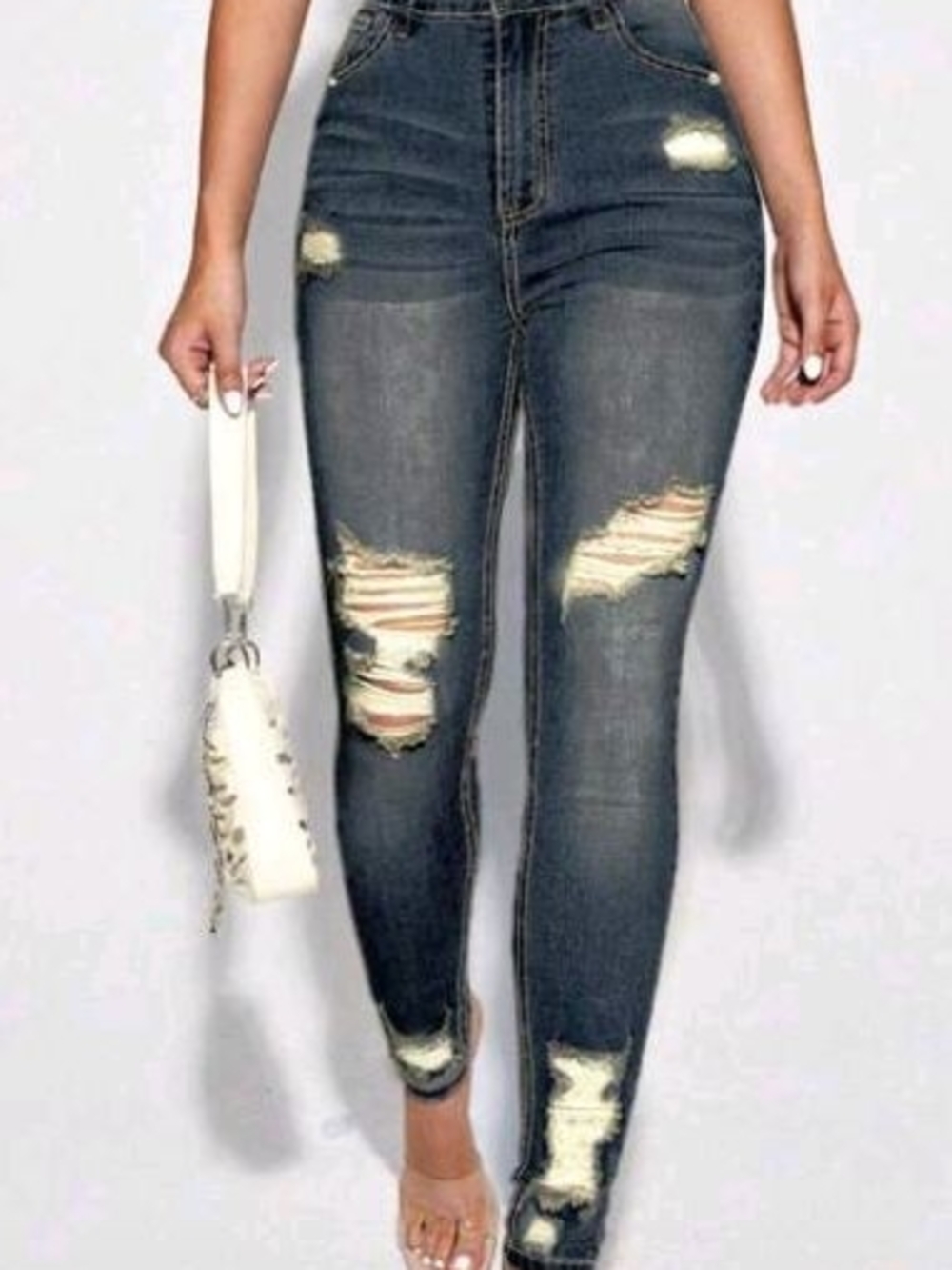 High-Waist Distressed Women’s Jeans - Dark Blue